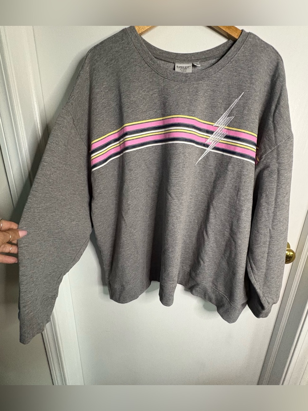 torrid Gray Crewneck Sweatshirt with Pink and Yellow Stripe